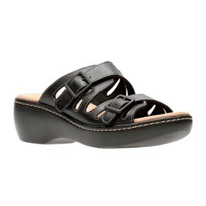 Clarks Black Leather Mules with Buckle Detail